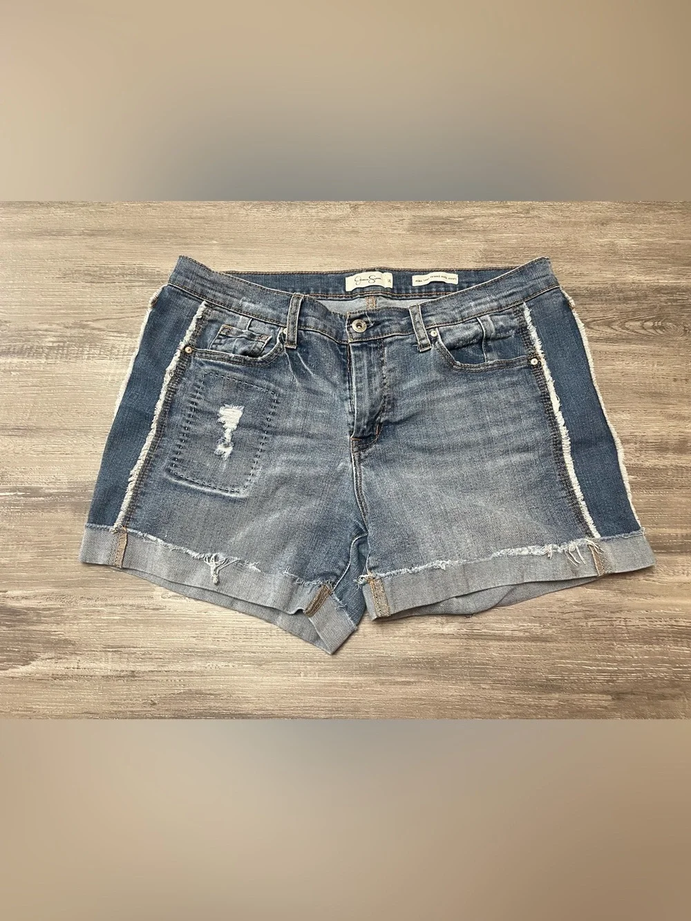 Jessica Simpson Distressed Blue Denim Shorts with Dark Blue Side Panels